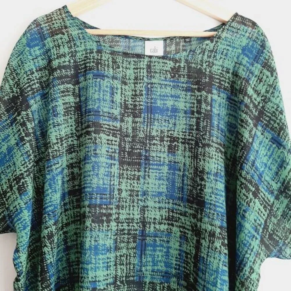 CABI Semisheer Asymmetrical Hem Light Blouse Top Green & Blue Sz L - Picture 3 of 10